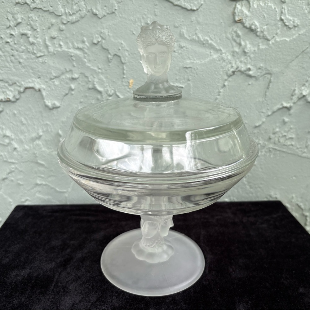 DUNCAN MILLER Antique Clear/Frosted Glass 3-Faces Pedestal Dish